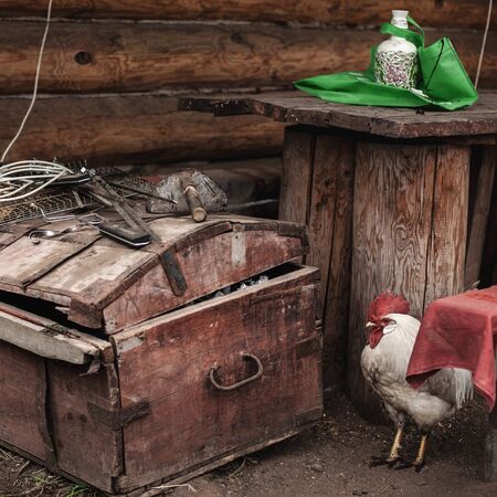 composition in the countryside: rooster, table, chest, house, vase, rag, bench.の写真素材