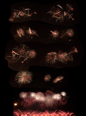 set of bright explosions in the night sky, bright cheerful party, festive moodの写真素材