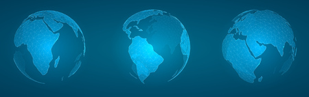 set of vector planets. earth on blue background. 3d skeleton of triangular segmentsのイラスト素材