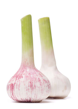 two large young garlic isolated on a white backgroundの写真素材