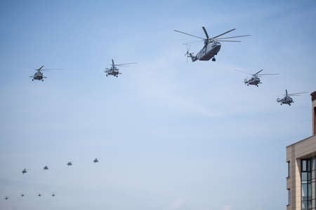 MOSCOW, RUSSIA - MAY 4, 2018: A group of military helicopters. Rehearsal of parade devoted to May 9,...