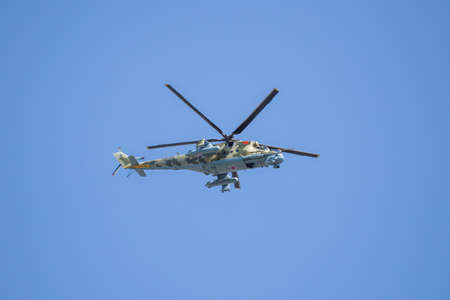 MOSCOW, RUSSIA - MAY 4, 2018: A group of military helicopters. Rehearsal of parade devoted to May 9, Victory Day in World War II. May 4, 2018 in Moscow.のeditorial素材