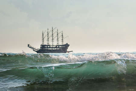 pirate ship on the horizon, strong waves are ashore