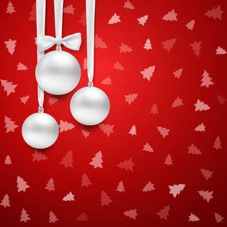 vector christmas ball on silk ribbon with bow. on red backgroundのイラスト素材