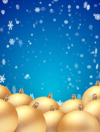 vector template with Christmas balls with golden balls. on a blue background with snowflakesのイラスト素材