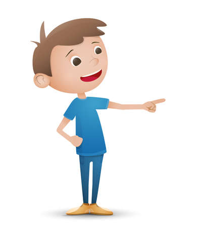 young boy stands isolated on white background and points to the side. vector style flatのイラスト素材