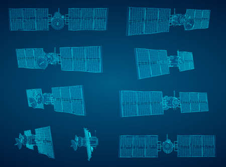 vector set. communications satellite of near-earth orbit. space technology of the future.のイラスト素材