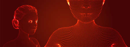 3d vector portrait of a beautiful young girl with hairstyle, set of angles on a red backgroundのイラスト素材