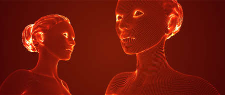 3d vector portrait of a beautiful young girl with hairstyle, set of angles on a red backgroundのイラスト素材