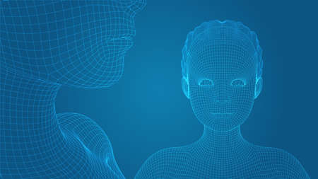 3d vector portrait of a beautiful young girl with hairstyle, set of angles on a blue backgroundのイラスト素材