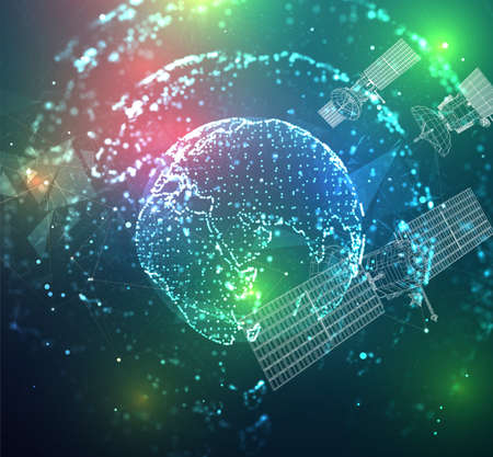 vector 3d background. communication satellite in a volumetric triangular style. abstract caotic particle explosionのイラスト素材