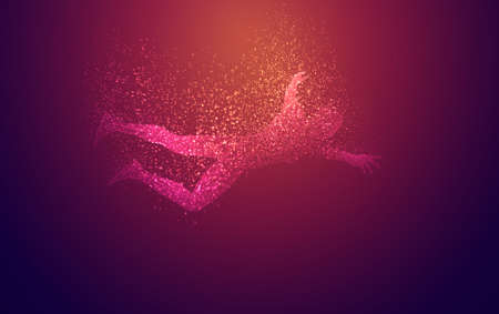 The three-dimensional silhouette of a man flies into emptiness. Splits into parts, bits. Vector illustrationのイラスト素材