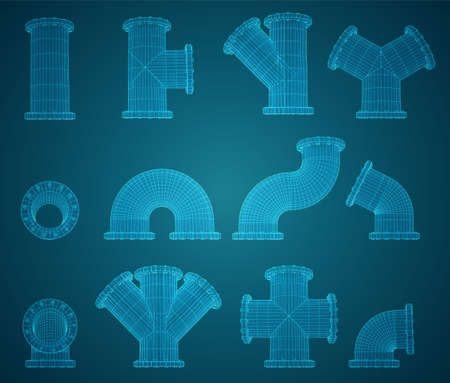 vector large set of plumbing steel pipes with flange.