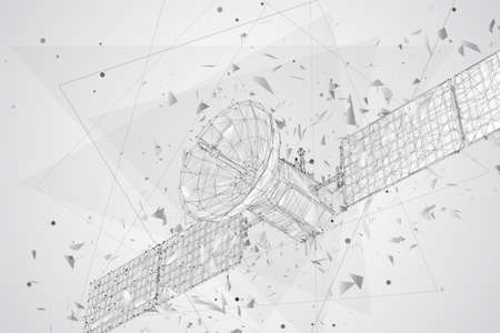 vector 3d background. communication satellite in a volumetric triangular style. abstract caotic particle explosionのイラスト素材