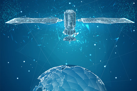 vector 3d background. communication satellite in a volumetric triangular style. abstract caotic particle explosionのイラスト素材