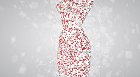 3d female body from square polygons. vector.flying particlesのイラスト素材