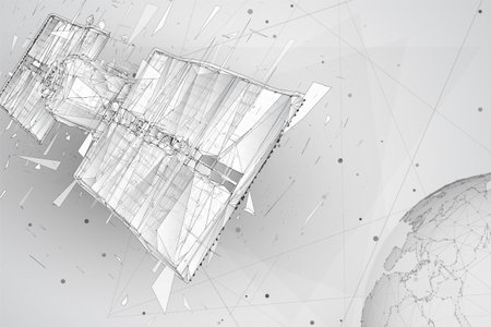 vector 3d background. communication satellite in a volumetric triangular style. abstract caotic...