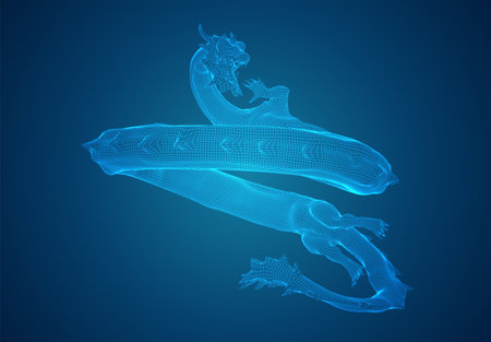 vector long dragon snake on a deep dark blue background in square 3D polygon styleのイラスト素材