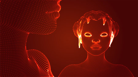 3d vector portrait of a beautiful young girl with a haircut, set of angles on a red background