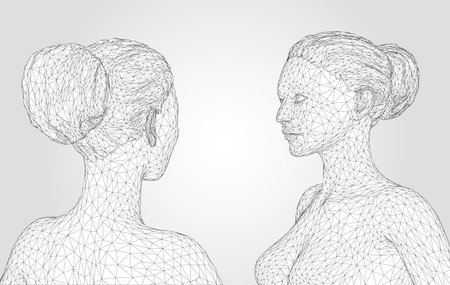 3d vector portrait of a beautiful young girl with hairstyle, set of angles on a white backgroundのイラスト素材