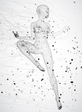 vector 3d girl from dots and splines, among wavy threads and circlesのイラスト素材