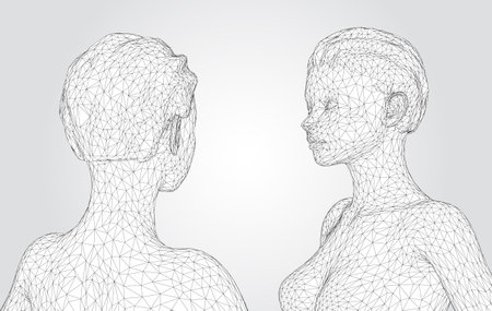 3d vector portrait of a beautiful young girl with hairstyle, set of angles on a white backgroundのイラスト素材