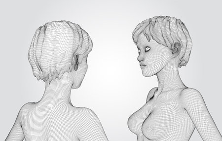 3d vector portrait of a beautiful young girl with hairstyle, set of angles on a white background