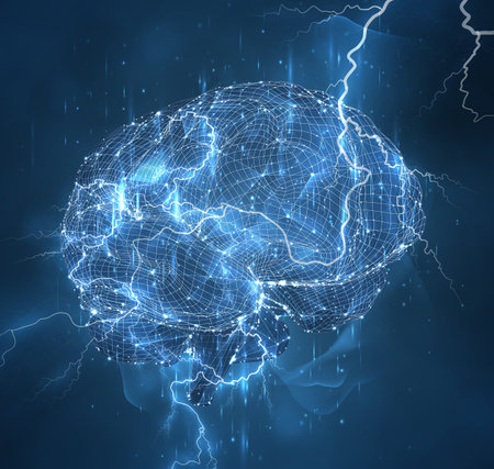 Vector illustration, three-dimensional brain on a dark background, power, element, force of natureのイラスト素材