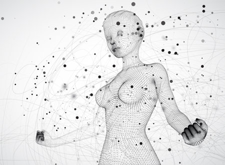vector 3d girl from dots and splines, among wavy threads and circlesのイラスト素材