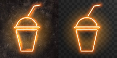 Vector neon advertising signboard on a stone wall. setのイラスト素材