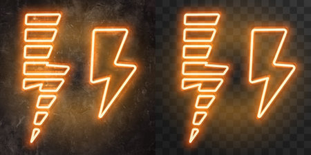 Vector neon advertising signboard on a stone wall. setのイラスト素材