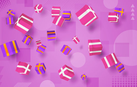 vector set. holiday gifts in boxes fly over bright colorful background. festive mood.