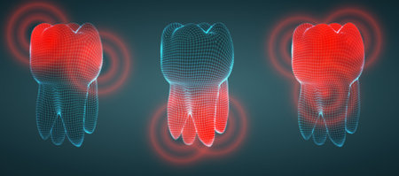 vector set of 3d teeth on a dark background. toothache.のイラスト素材