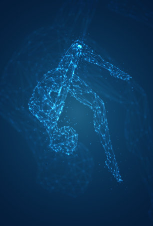 A female silhouette of luminous lines and dots dancing on an abstract dark blue background. vector layoutのイラスト素材