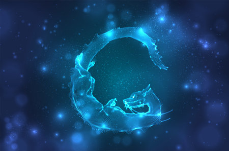 vector long dragon snake on a deep dark blue background in square 3D polygon styleのイラスト素材