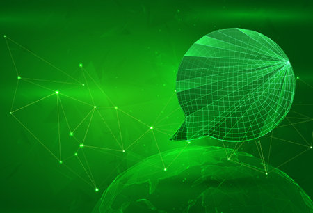 message cloud symbol over a polygonal planet, on a green background. global data calculationのイラスト素材