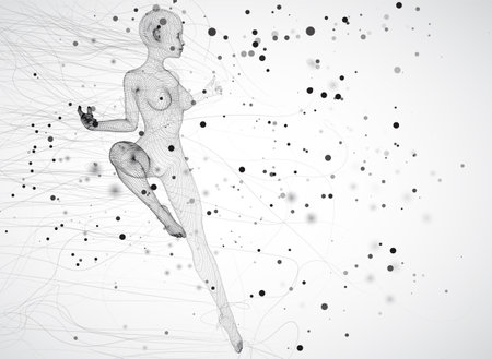 vector 3d girl from dots and splines, among wavy threads and circlesのイラスト素材