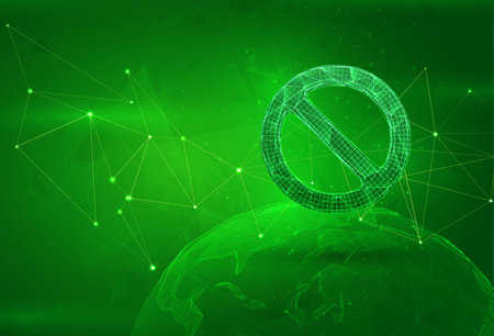 stop sign symbol over a polygonal planet, on a green background. global data calculationのイラスト素材