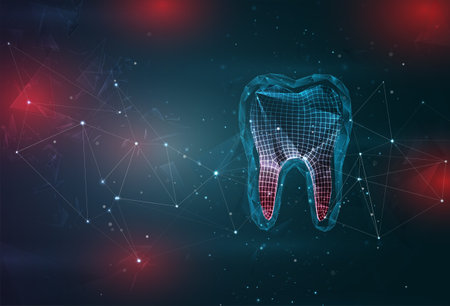 tooth and dentistry symbol on an abstract gray blue background with red flashesのイラスト素材