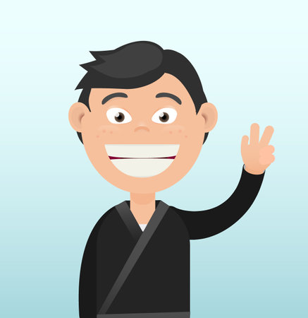 vector portrait in flat style of young athlete from japan, man in black kimonoのイラスト素材