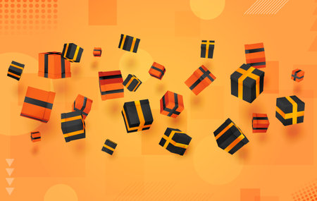 vector set. holiday gifts in boxes fly over bright colorful background. festive mood.のイラスト素材