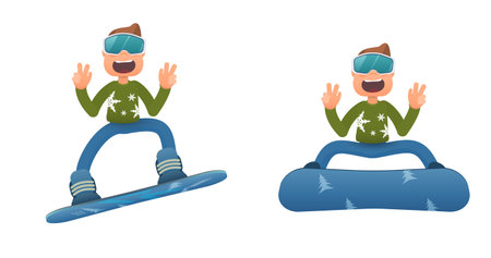 vector set of snowboarders isolated on white background in flat styleのイラスト素材