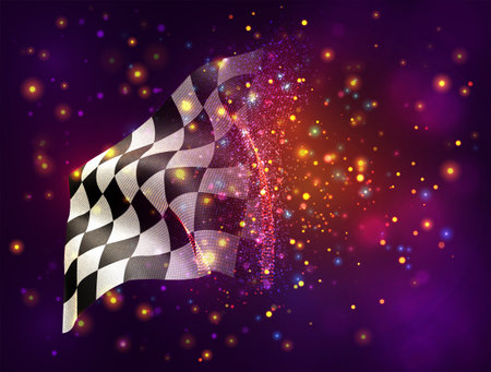 sport games finish vector 3d flag on pink purple background with lighting and flaresのイラスト素材