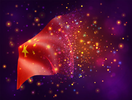 China, vector 3d flag on pink purple background with lighting and flaresのイラスト素材