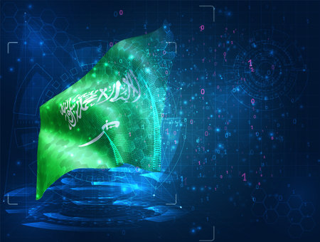 Saudi Arabia, vector 3d flag on blue background with hud interfacesのイラスト素材