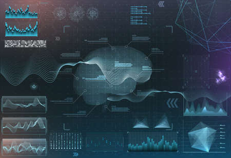 vector set of brain research interfaces. functional magnetic resonance imaging. hud in blue tones
