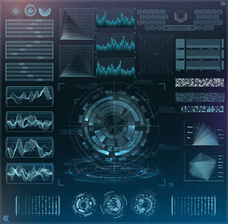 Vector futuristic interface hud design. Set infographic elements. virtual hologram, landscape, levels, waves and vibrations, keyboardのイラスト素材