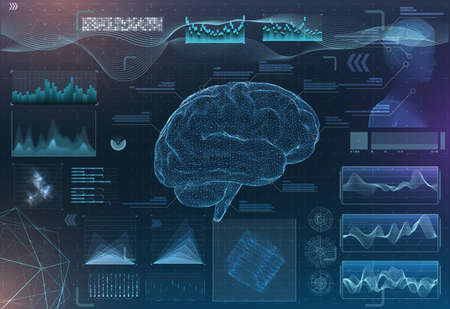vector set of brain research interfaces. functional magnetic resonance imaging. hud in blue tonesのイラスト素材