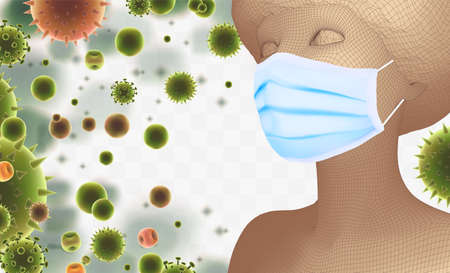 3D female portrait in a medical mask against the background of bacteria, viruses, spores and dust.のイラスト素材