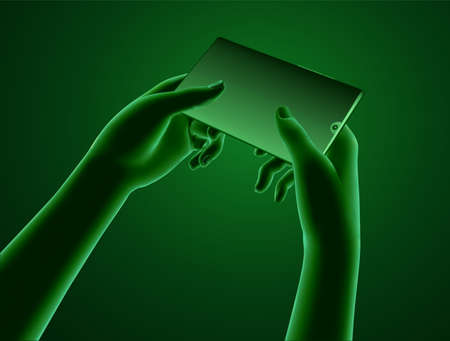 vector set of virtual hands holding a mobile phone. easily replaceable model and screen contentのイラスト素材